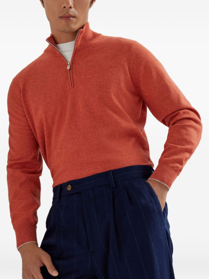 Brunello Cucinelli Ribbed Half-Zip Orange Sweater With High Collar