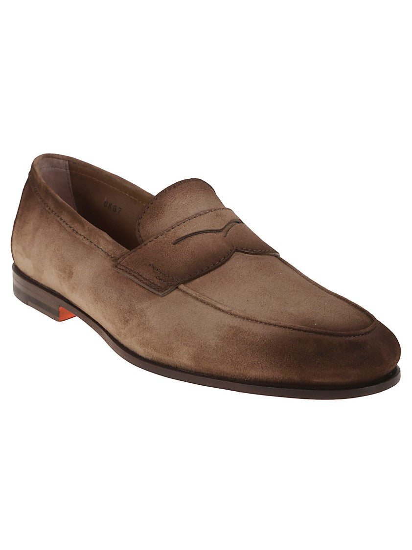 Santoni Suede Moccasins With Tapered Shape And Rubber Sole