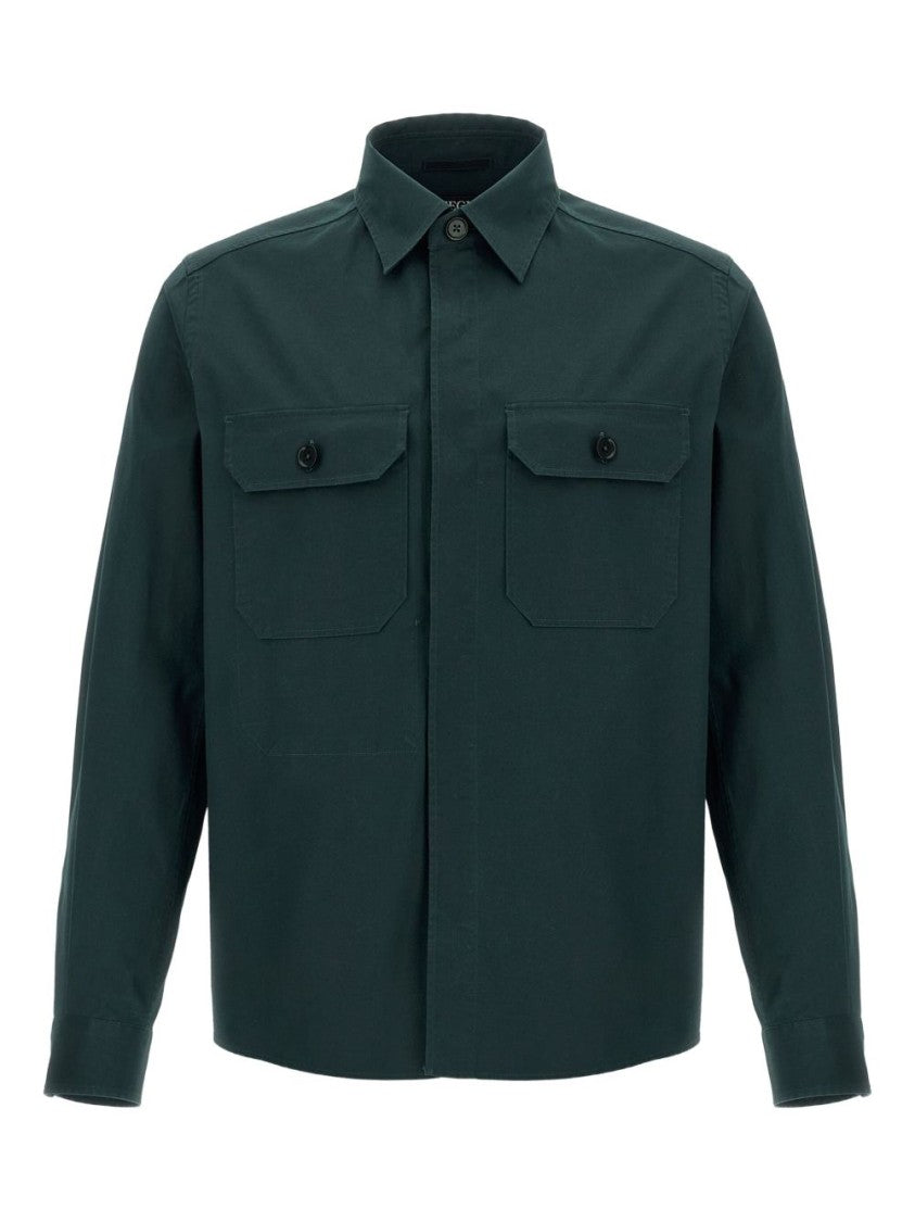 Zegna Green Cotton Shirt With Concealed Front And Dual Chest Pockets