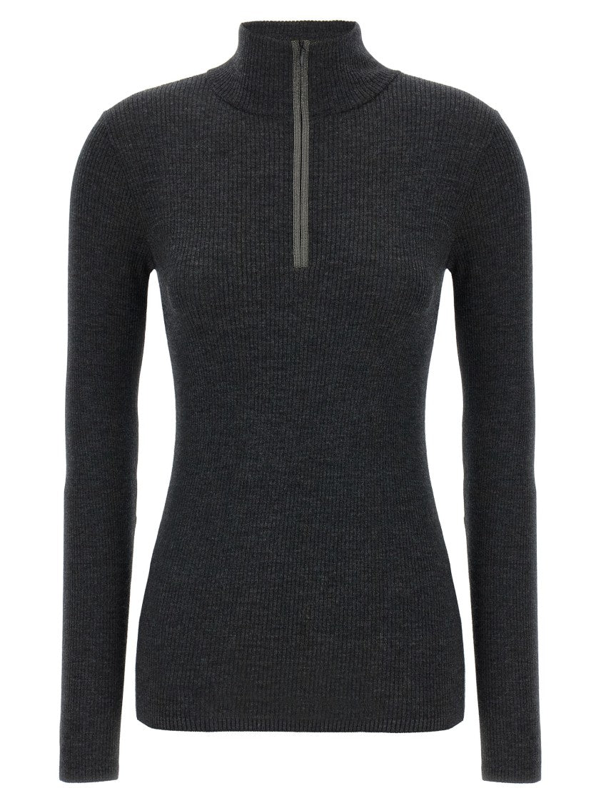 Brunello Cucinelli Ribbed Half-Zip Turtleneck Sweater