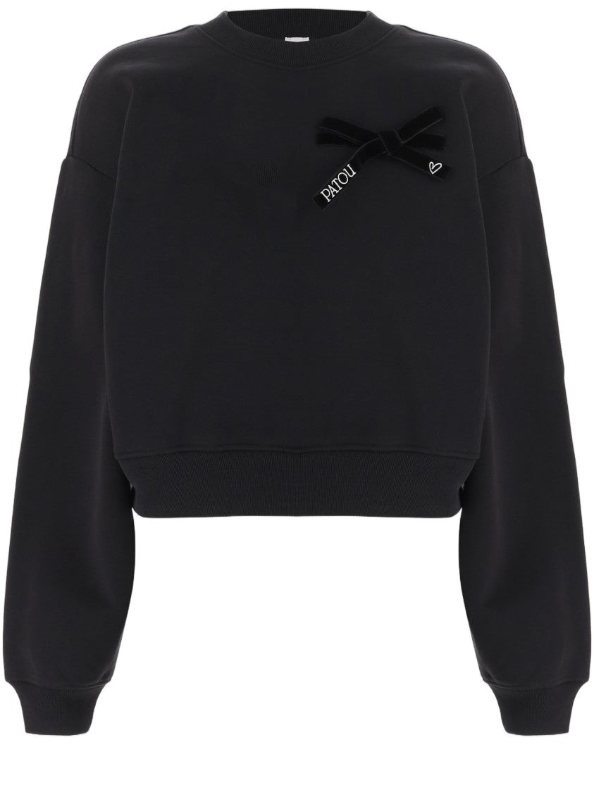 Patou Black Cropped Bow Embellished Cotton Sweatshirt
