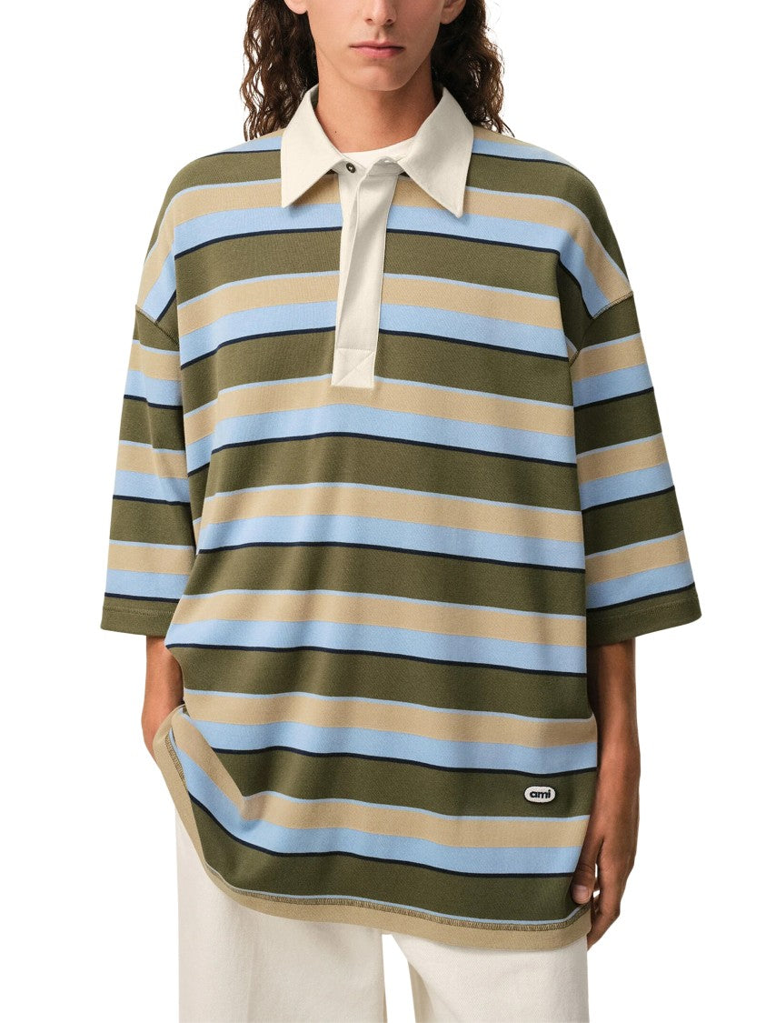 Ami Paris Oversized Striped Polo Shirt With Signature Ami Patch