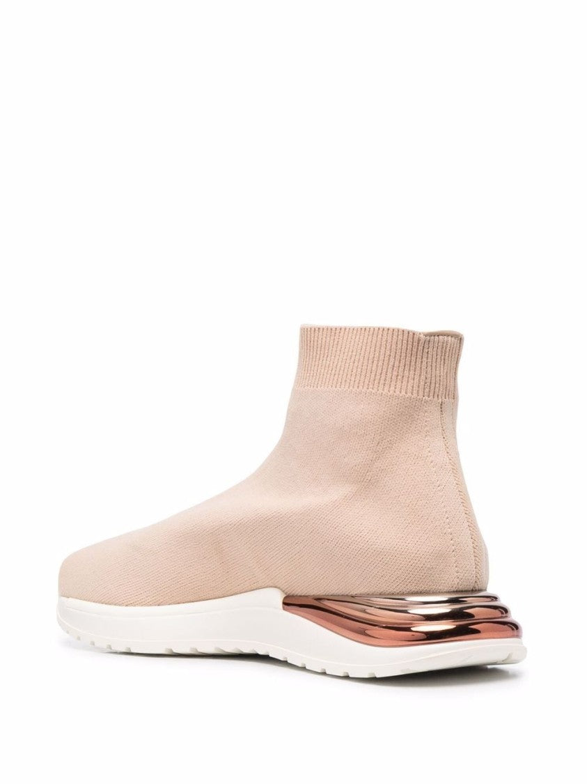 Salvatore Ferragamo Sock-Fit Beige Sneakers With Metallic Rose Gold Accents