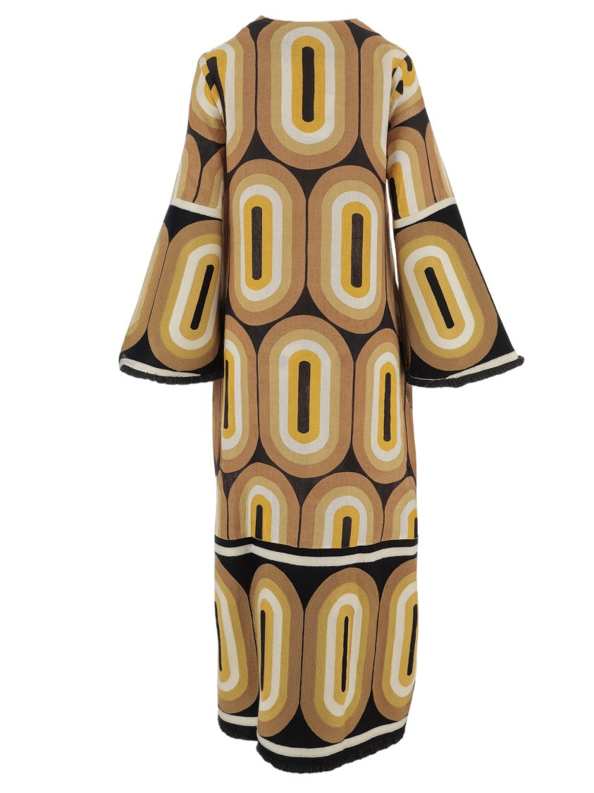 Philippa 1970 Linen Midi Dress With Geometric Print And Flared Sleeves