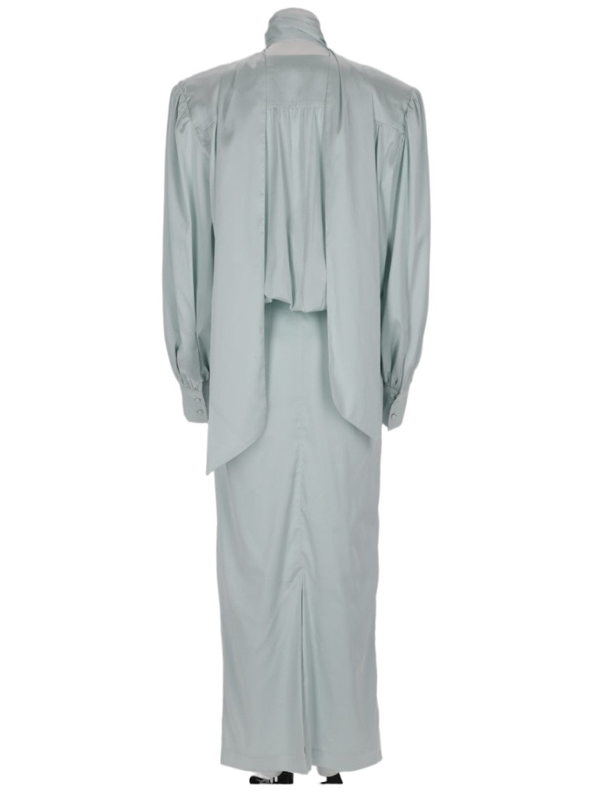 Rotate Satin-Like Midi Dress With Sheer Inset And Puffed Sleeves