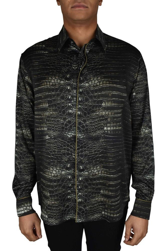 Roberto Cavalli Caiman Print Casual Shirt With Cord Piping