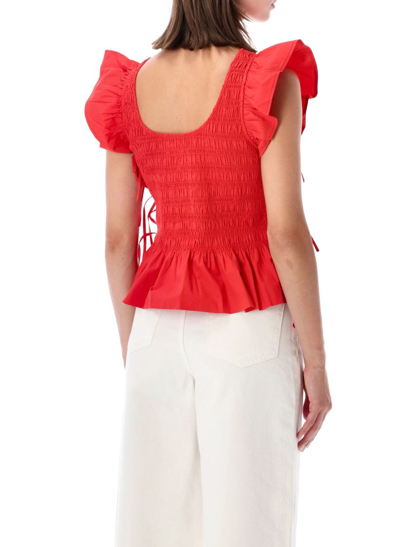 Ganni Red Smocked Top With Ruffled Cap Sleeves