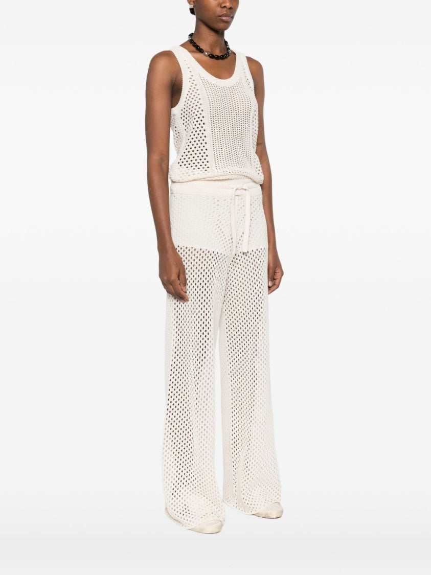 Golden Goose White Sheer Elastic Waist Embroidered Wide-Leg Pants