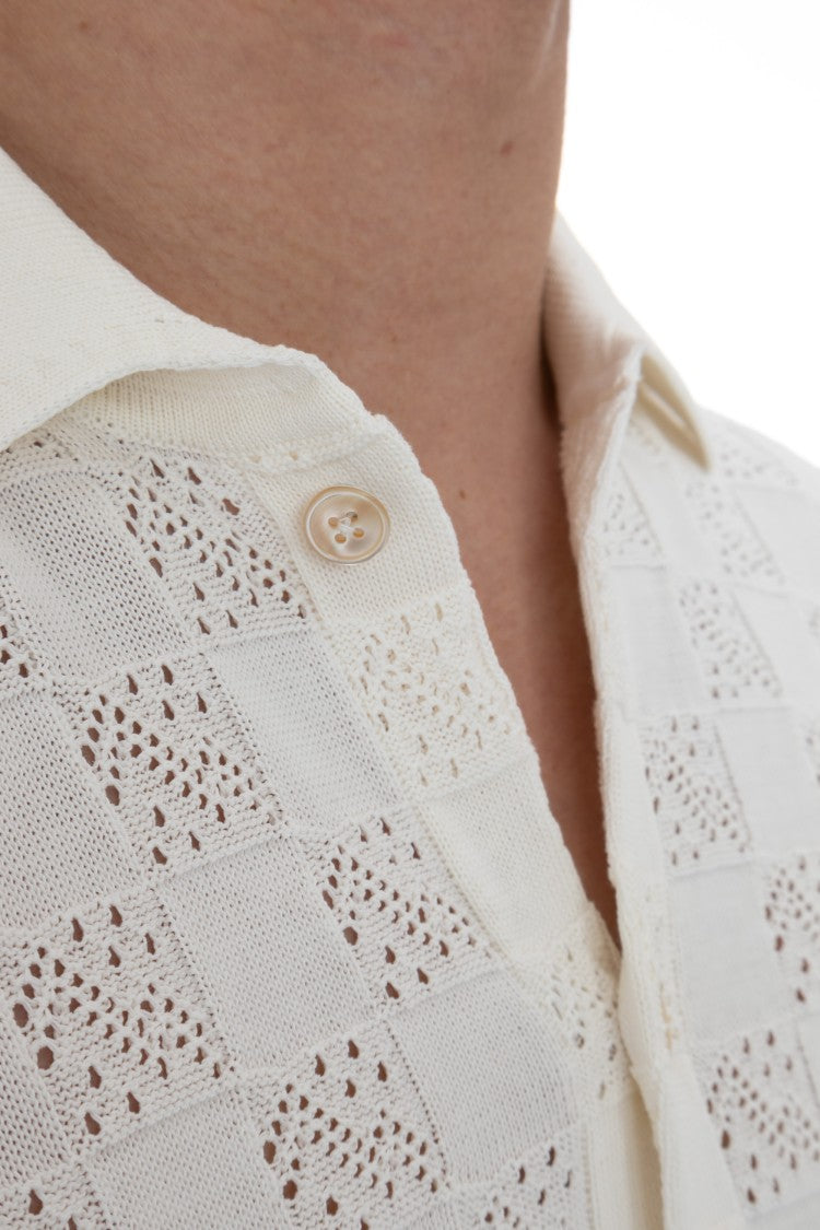 Eleventy Short-Sleeved White Checkered Polo Shirt With Mother-Of-Pearl Buttons