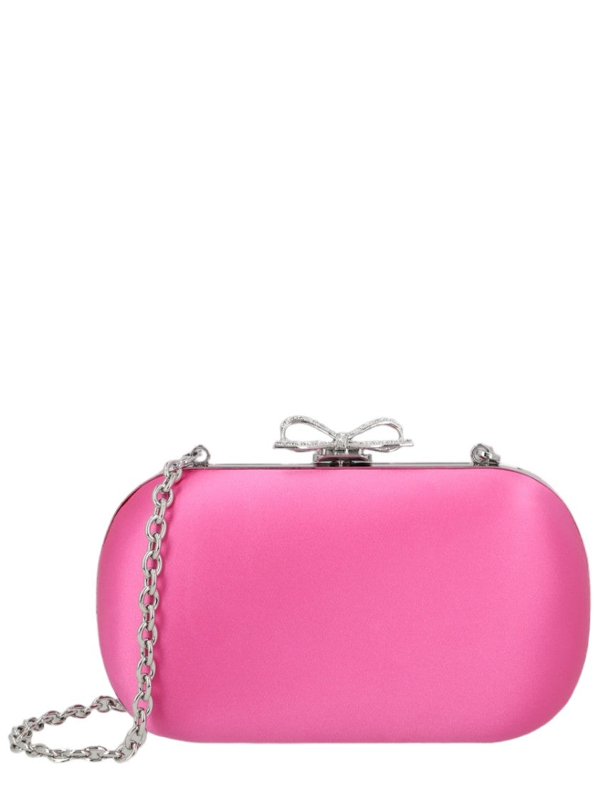 Self-Portrait Oval-Shaped Satin Finish Clutch With Crystal-Embellished Bow Clasp