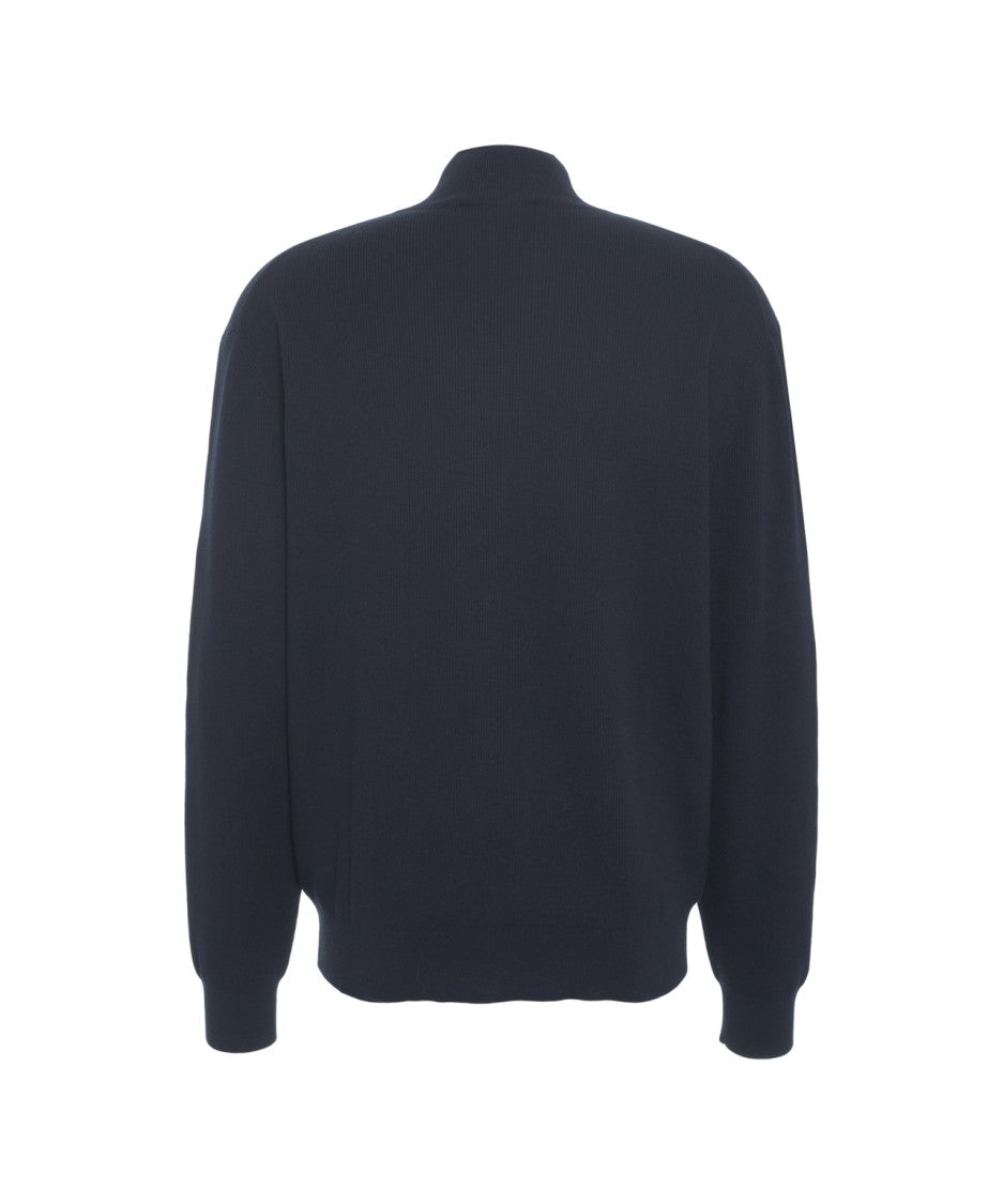 Closed High-Collar Zip Cardigan With Ribbed Detailing