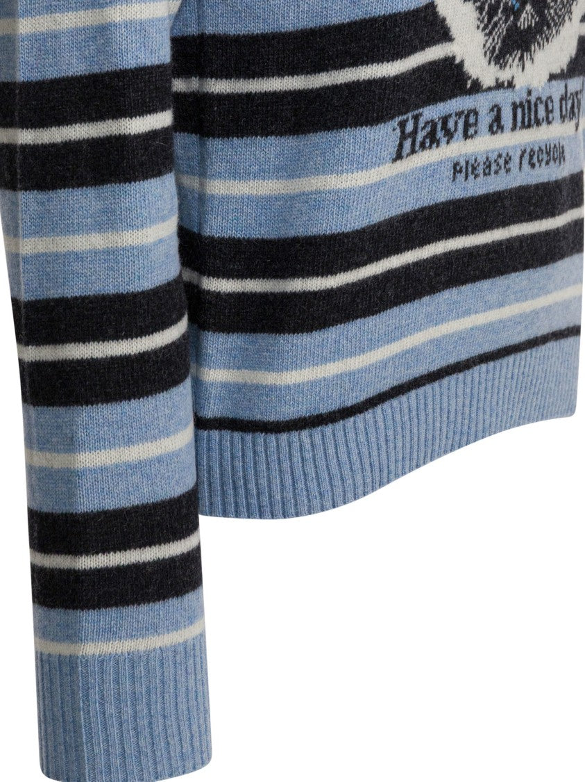Ganni Graphic Print Wool Sweater With Striped Detailing