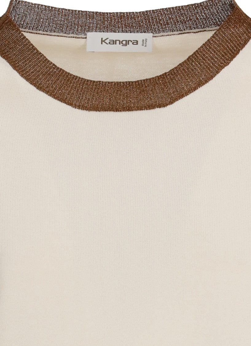 Kangra Ivory Cotton Lurex-Trim Crewneck Top