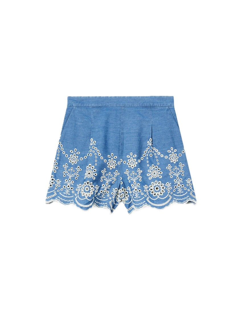 Mc2 Saint Barth Intricate Floral Embroidered Blue Shorts With Tailored Fit