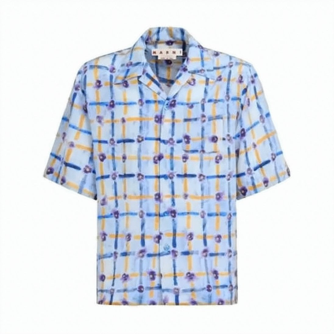 Marni Short-Sleeve Silk Shirt With Abstract Grid Pattern