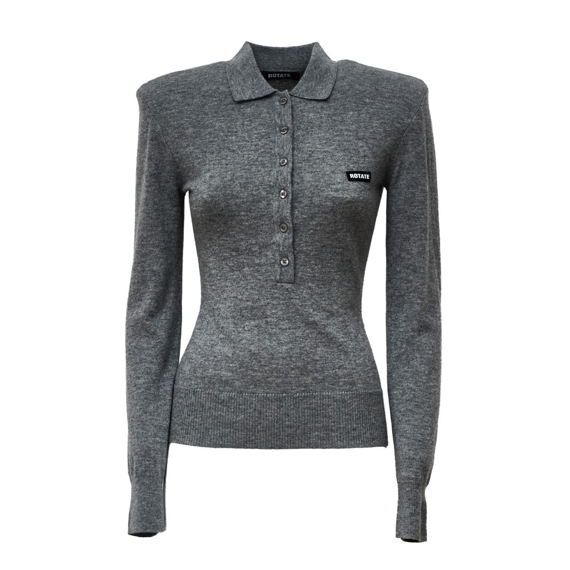 Rotate Fitted Long-Sleeve Polo Top With Classic Collar And Ribbed Details
