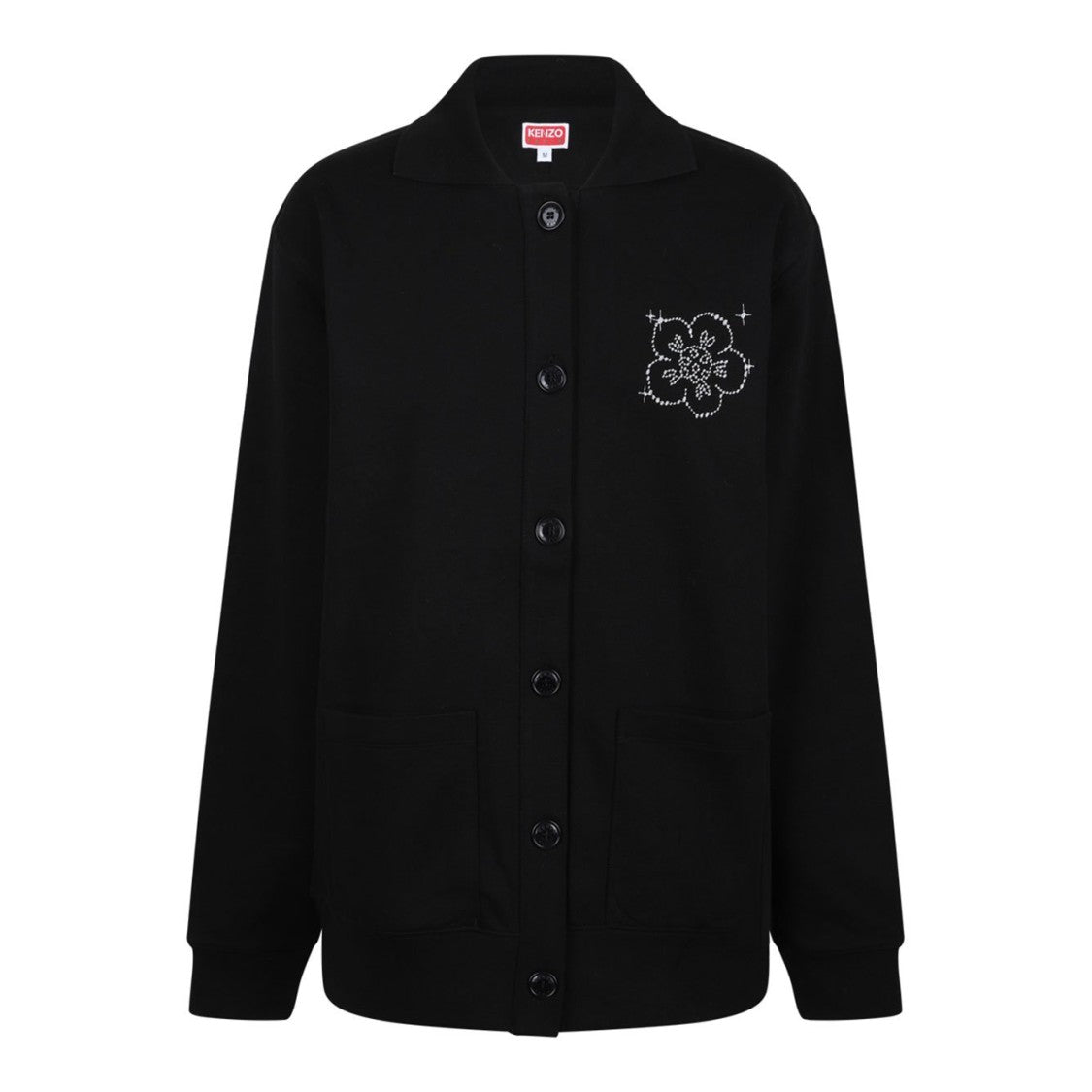 Kenzo Black Button-Up Cardigan With Floral Embroidery