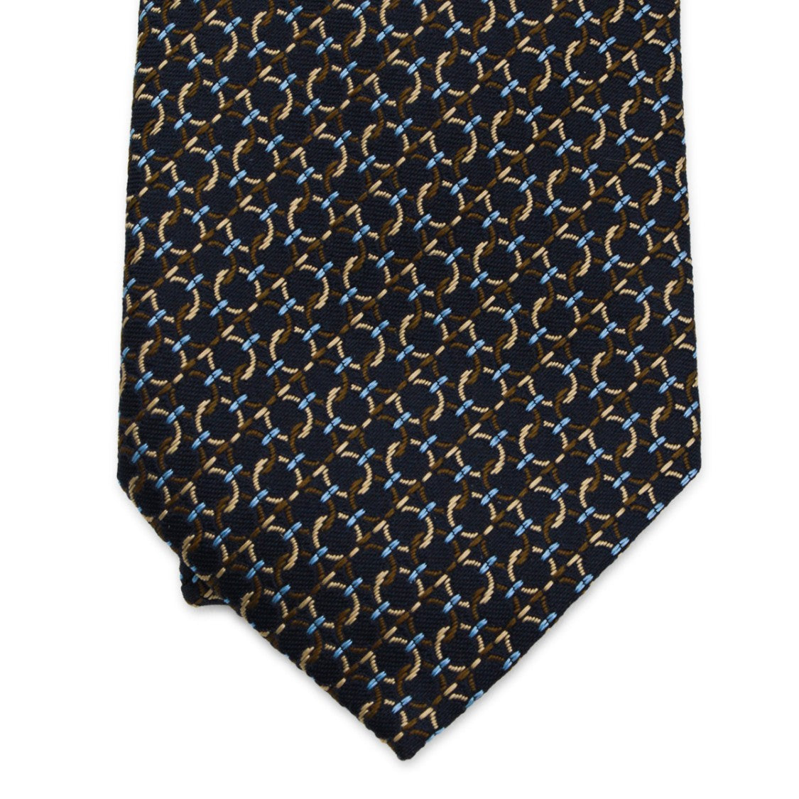 Ferragamo Navy Silk Tie With Intricate Geometric Print And Logo