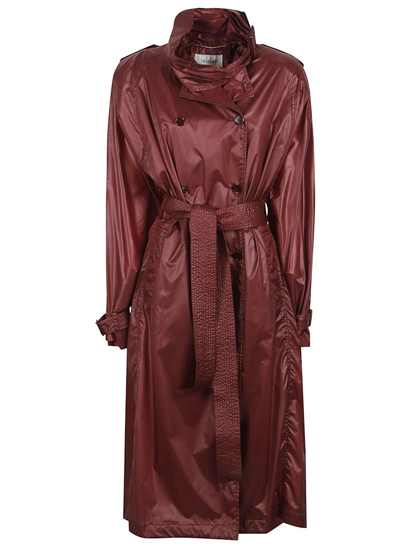 Saint Laurent Double-Breasted Coat In Glossy Deep Burgundy Finish