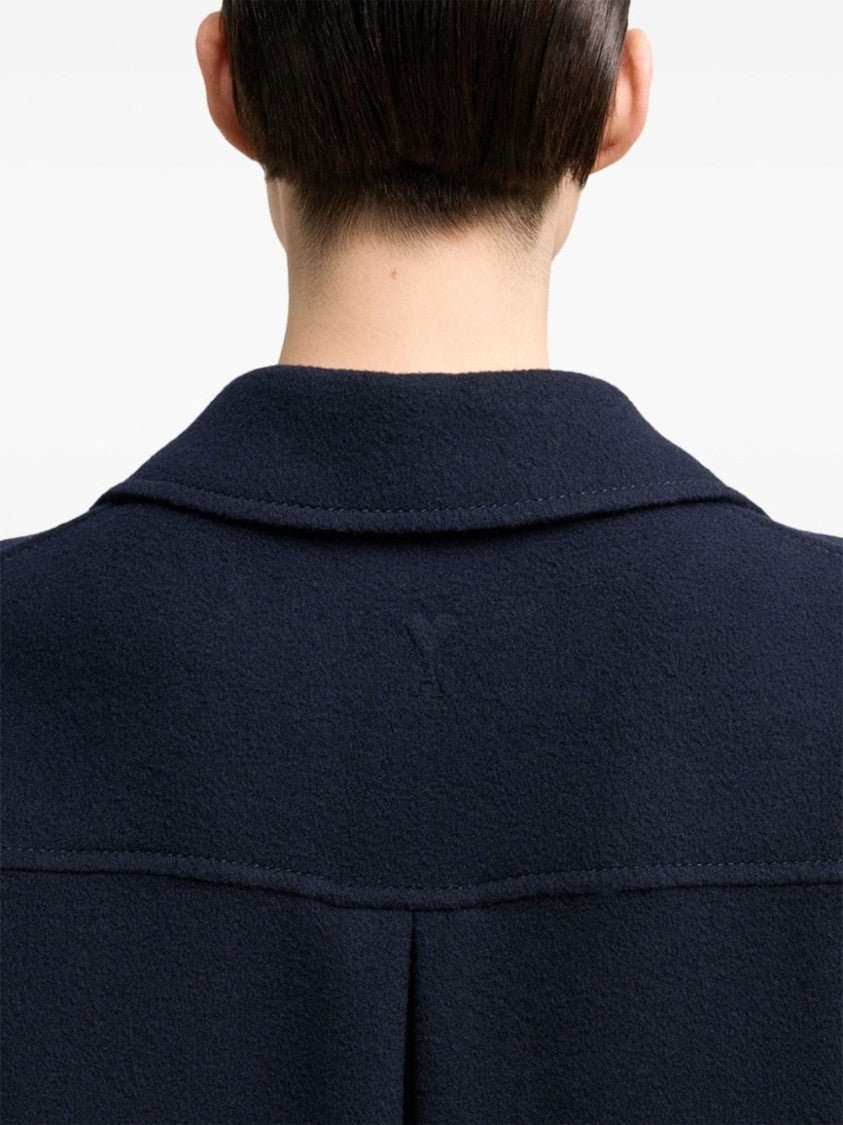 Ami Paris Navy Blue Wool-Cashmere Blend Coat