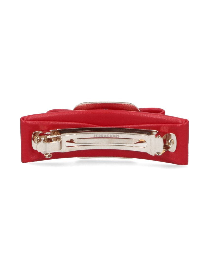 Ferragamo Structured Bow Hair Clip In Red Calf Leather