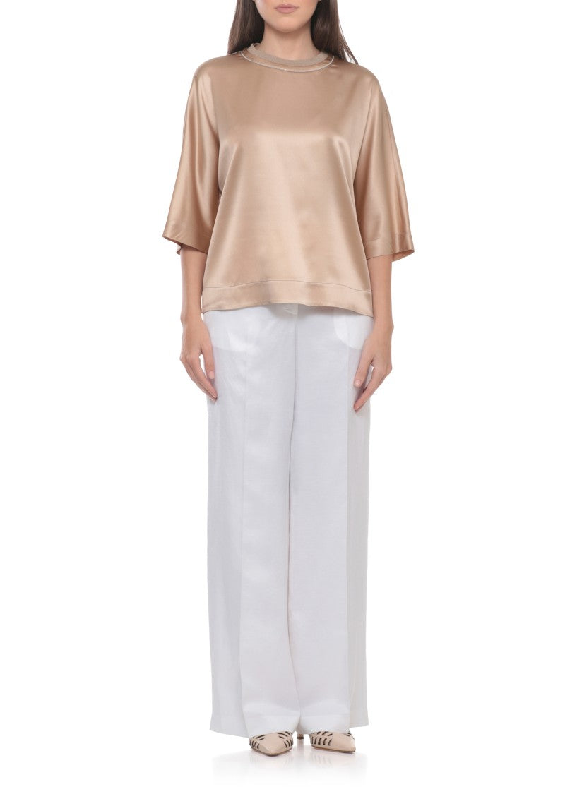 Peserico Gold Silk Round Neck Blouse
