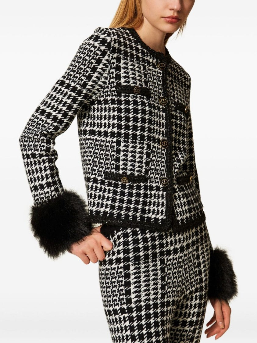 Twin-Set Houndstooth Pattern Jacket With Faux Fur Accents