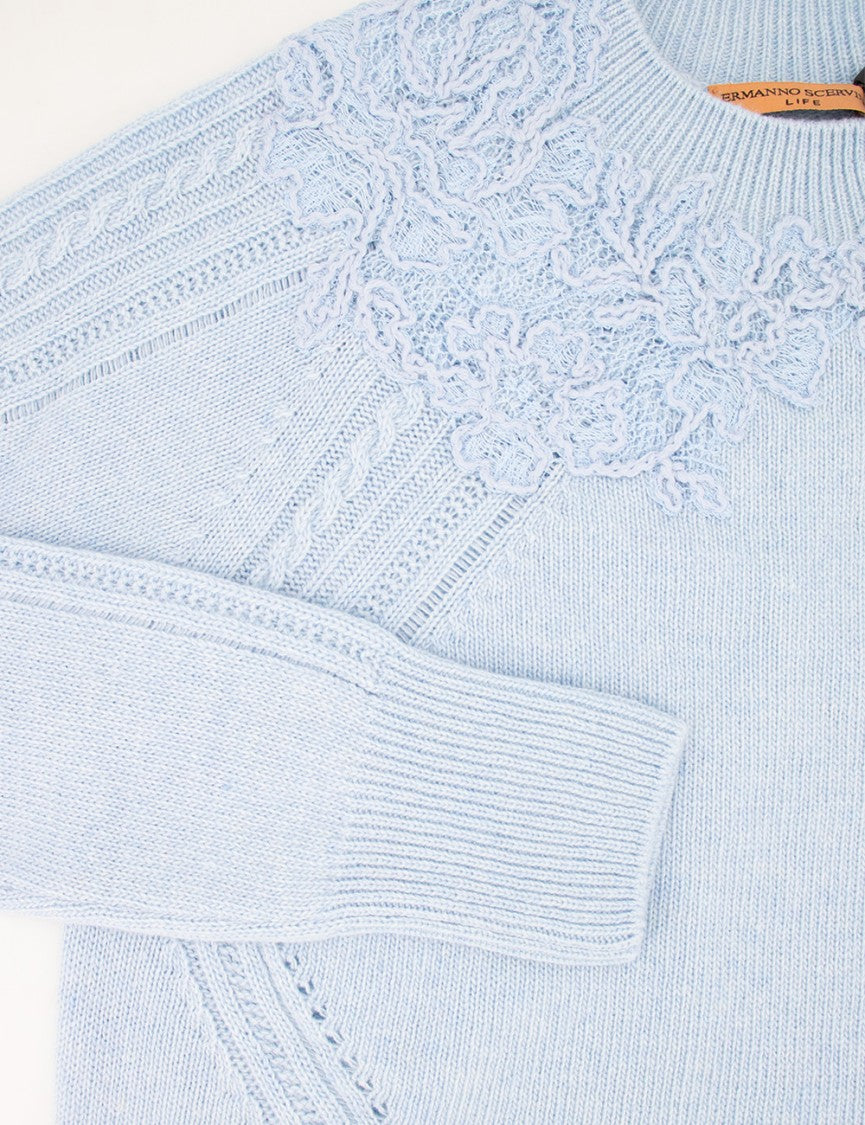 Ermanno Scervino Floral Appliqué Wool Jumper In Blue Fog