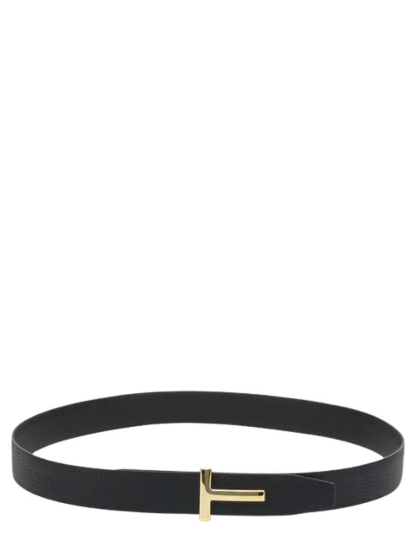 Tom Ford Black Leather Belt With Textured Finish And Gold-Tone Buckle
