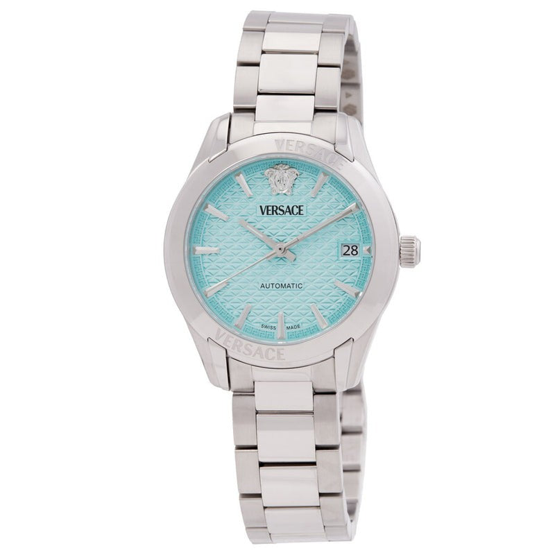 Versace Greca Classic Automatic Wristwatch With Turquoise Dial And Exhibition Back