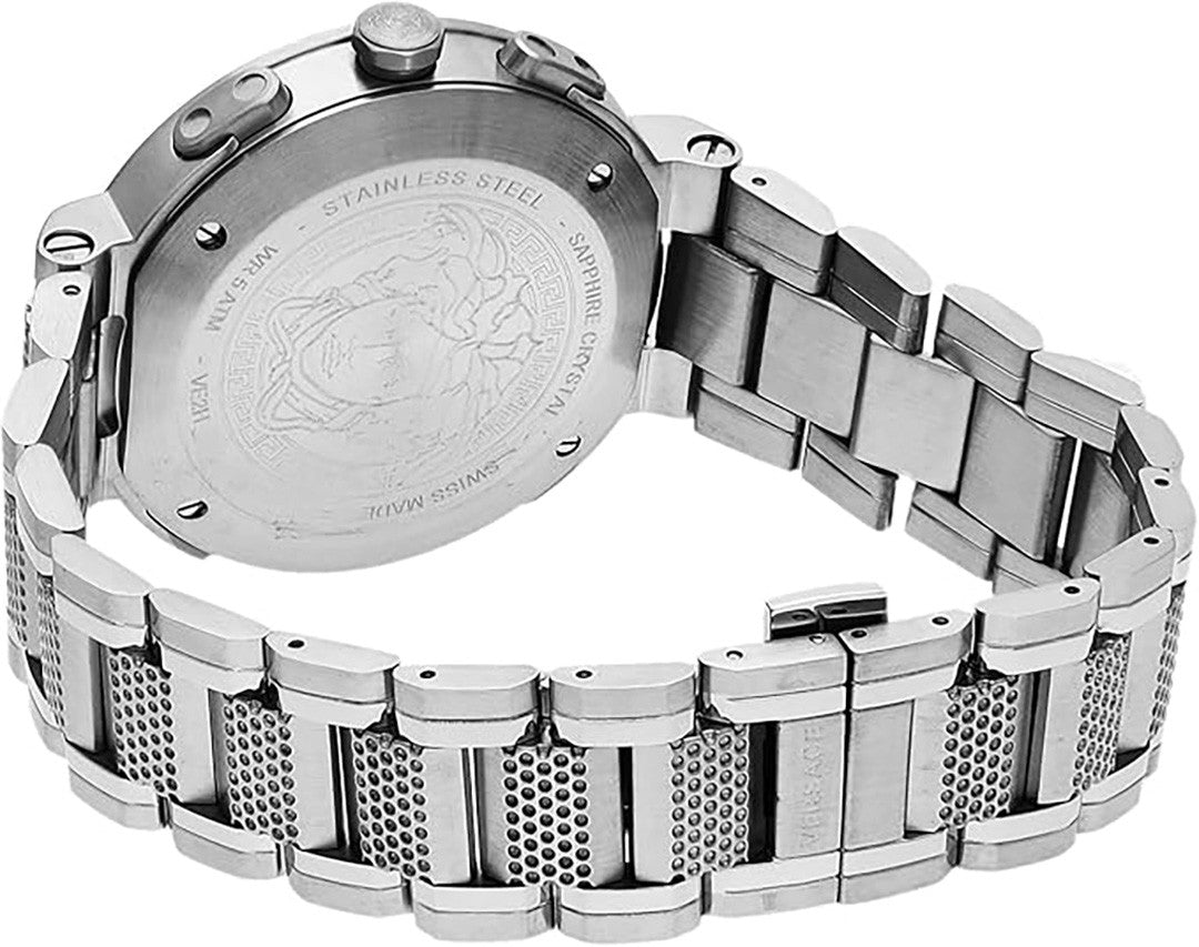 Versace Chronograph Timepiece With Blue Analog Dial And Stainless Steel Bracelet