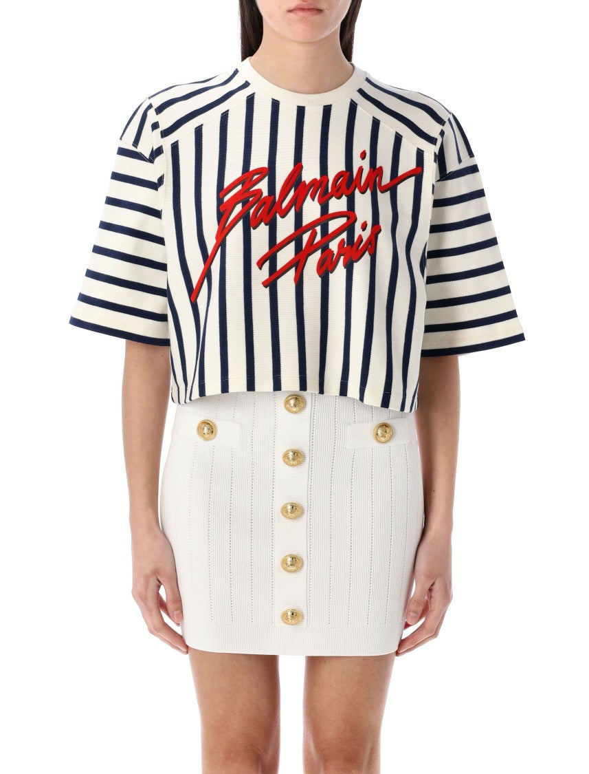 Balmain Cropped Striped Top With Ribbed Neckline And Prominent Logo