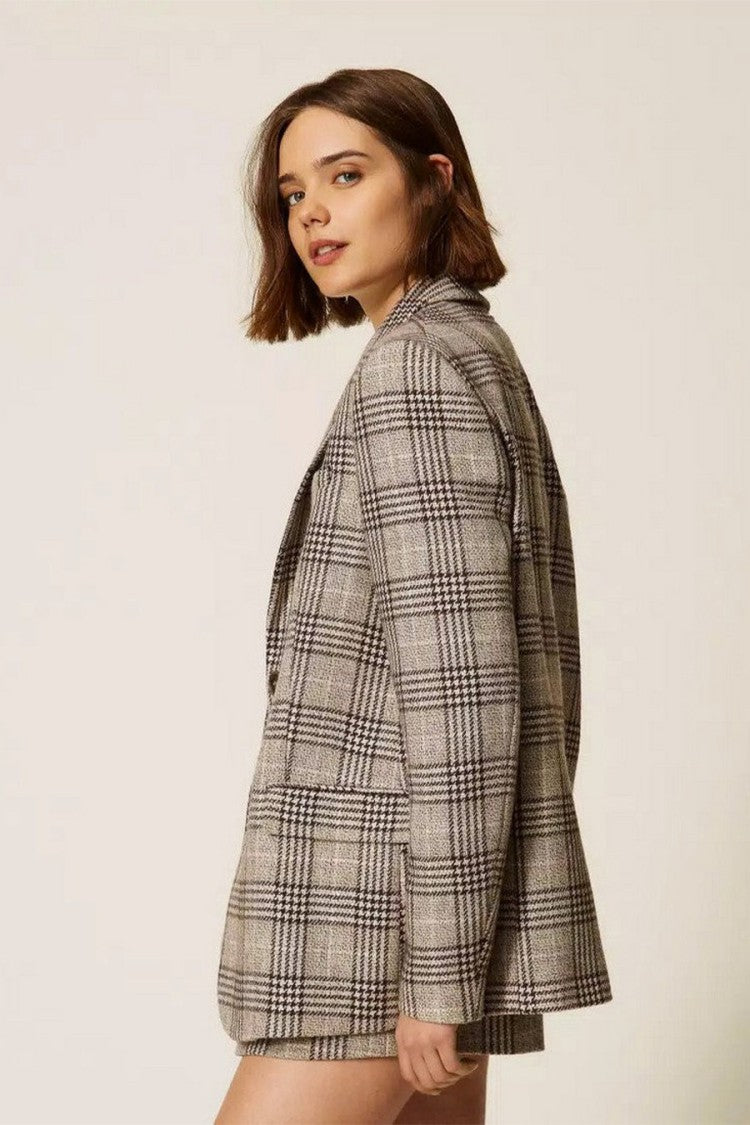 Twin-Set Grey Wool-Polyester Blend Plaid Check Blazer