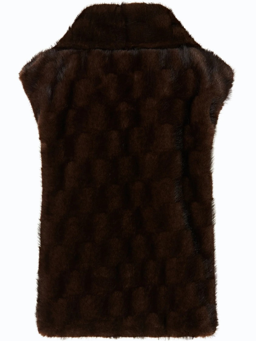 Pinko Textured Brown Gilet With High Collar And Leather-Like Panels
