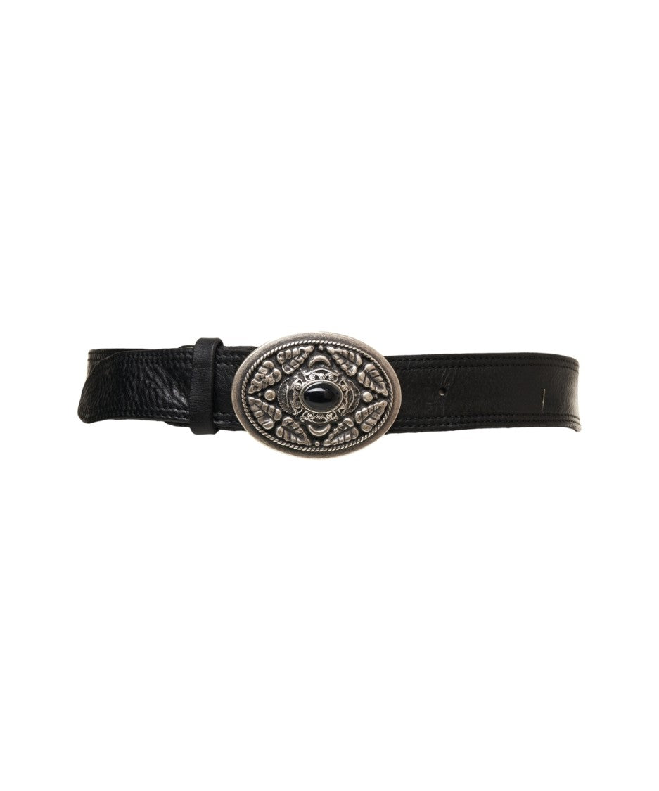 Campomaggi Hammered Leather Belt With Ornate Silver Buckle