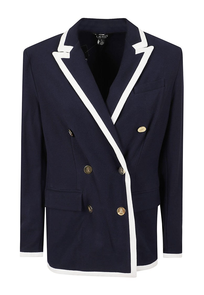Lauren Double-Breasted Stretch Cotton Piqué Blazer With Contrasting Piping