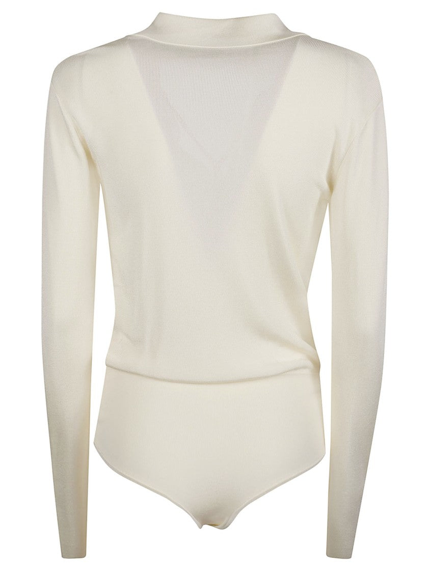 Elisabetta Franchi Long Sleeve V-Neck Bodysuit With Elegant Gold Chain Detail