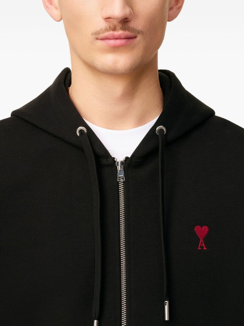 Ami Paris Zip-Up Hoodie With Drawstring Hood And Heart Embroidery