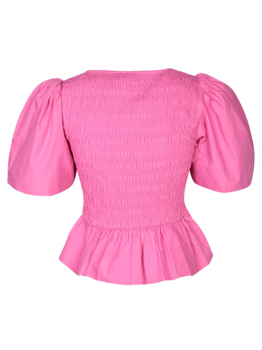 Ganni Smocked Peplum T-Shirt With Statement Puff Sleeves