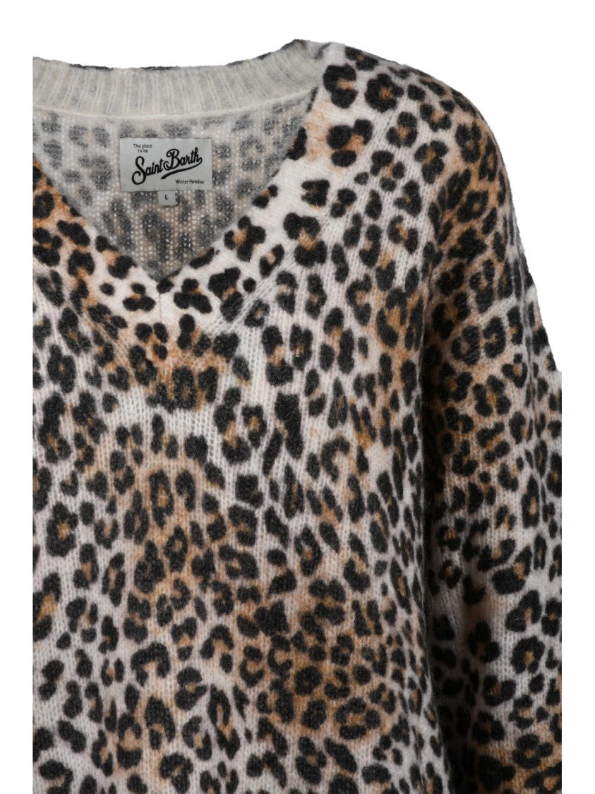 Mc2 Saint Barth Leopard Print V-Neck Sweater With Mohair Blend
