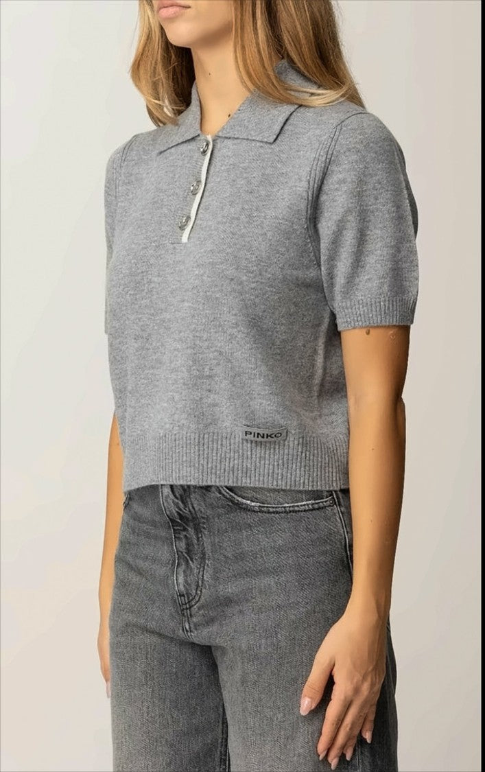 Pinko Cropped Merino Wool Sweater With Contrast Placket