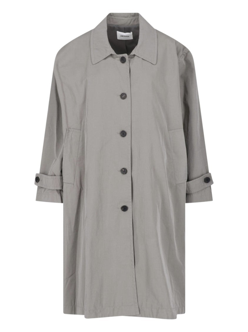 Low Classic Draped Grey Cotton Blend Trench Coat With Classic Collar