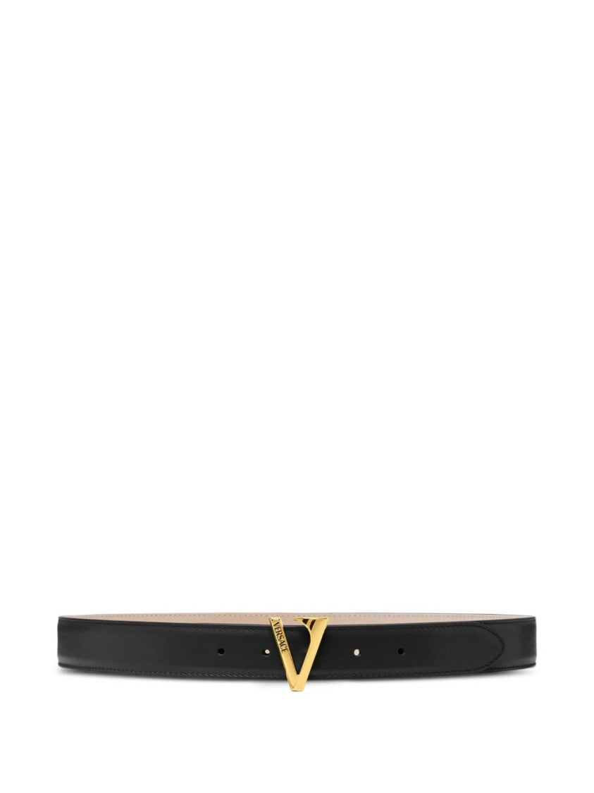 Versace Black V-Buckle Gold Hardware Leather Belt