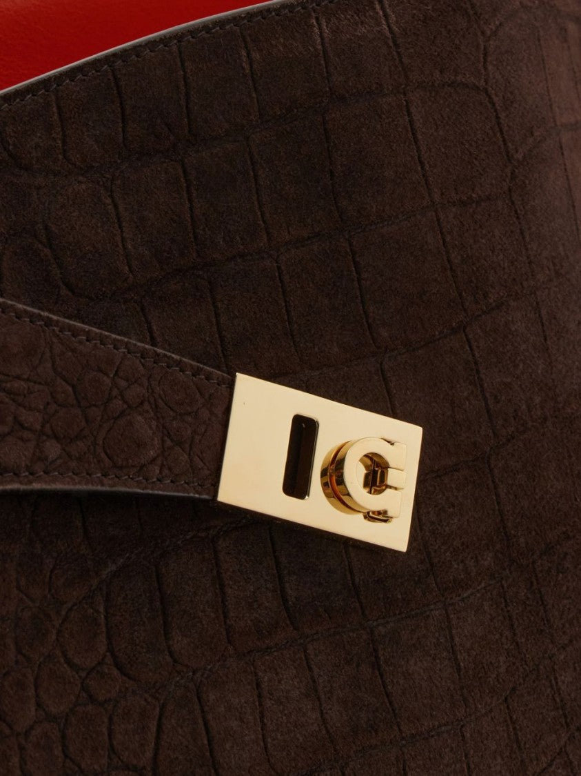 Ferragamo Structured Leather Handbag With Crocodile Pattern
