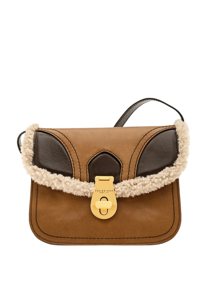 The Bridge Structured Shoulder Bag In Tan Brown Leather With Shearling Trim