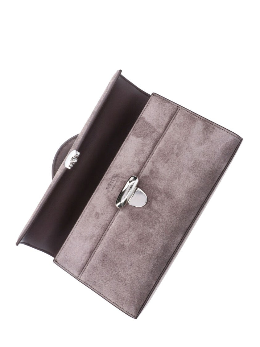 Savette Grey Symmetry Turn-Lock Top-Handle Suede Clutch