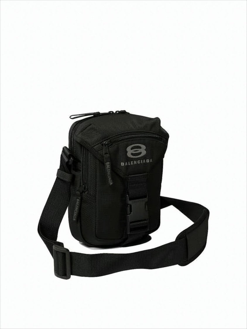 Balenciaga Textured Black Recycled Polyamide Shoulder Bag With Adjustable Strap And Multiple Compartments