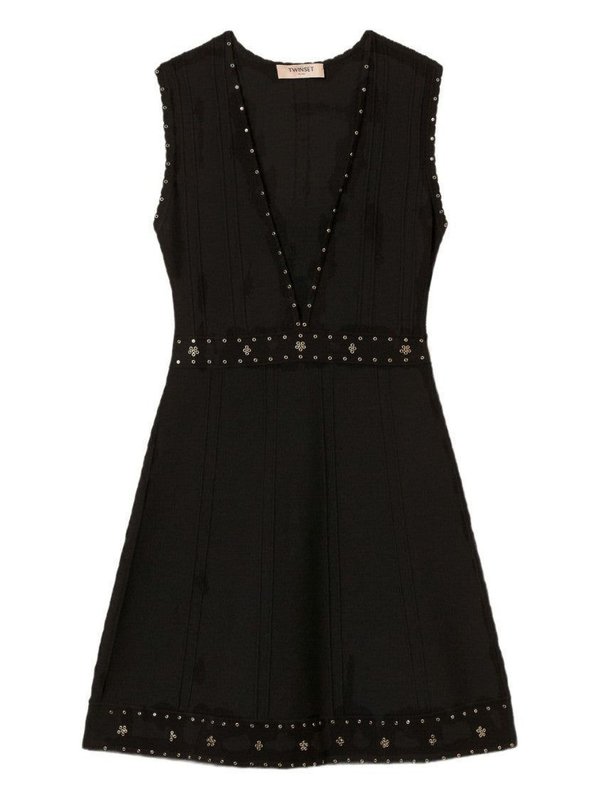 Twin-Set Sleeveless Mini Dress With Deep V-Neckline And Decorative Studs