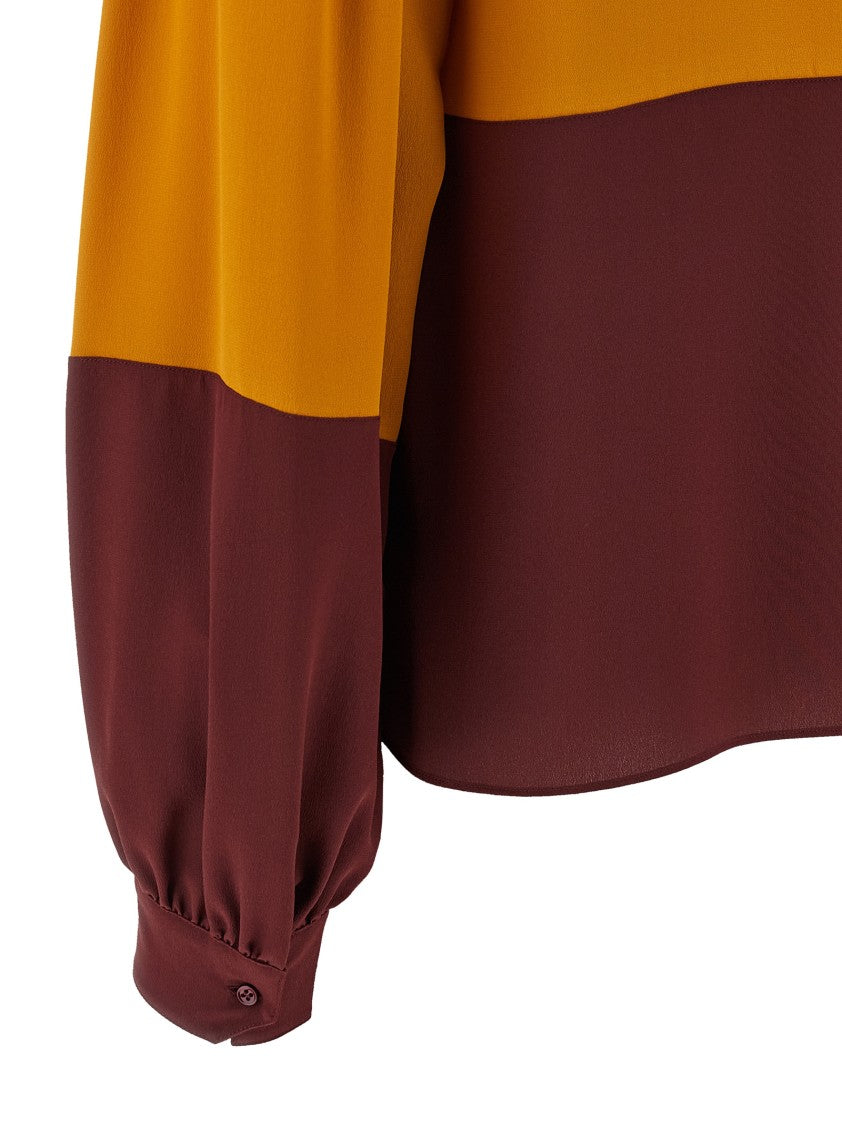 Saint Laurent High Neck Color-Block Silk Blouse With Curled Shoulders