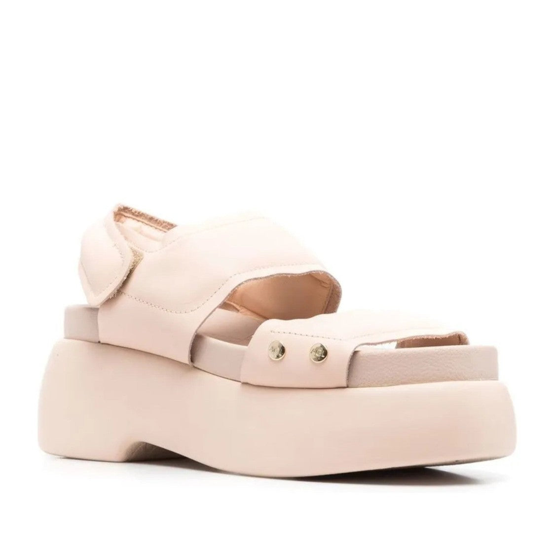 Agl Beige Leather Puffy Velcro Wedge Sandals